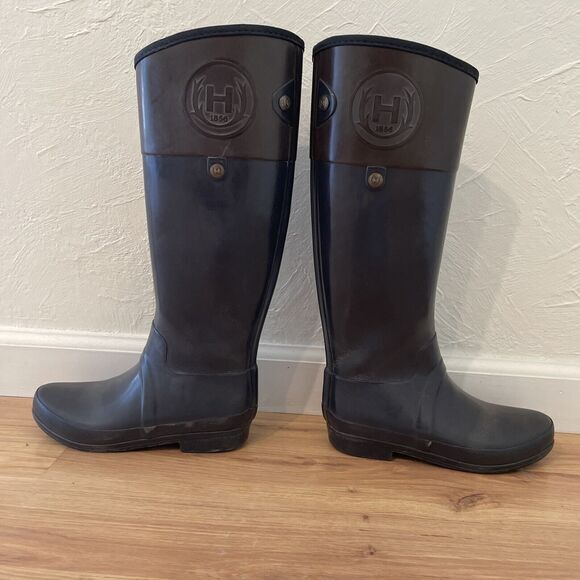 Hunter Womens 6 Regent Carlyle ColorBlock Tall Gloss Rain Boots Black Brown Snow - Picture 6 of 12